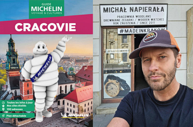 Twórca krakowskiej pracowni drewnianych zegarków otrzymał wyróżnienie. Został wpisany do przewodnika Michelin. Autoportret Michała Napierały, w tle jego pracownia.